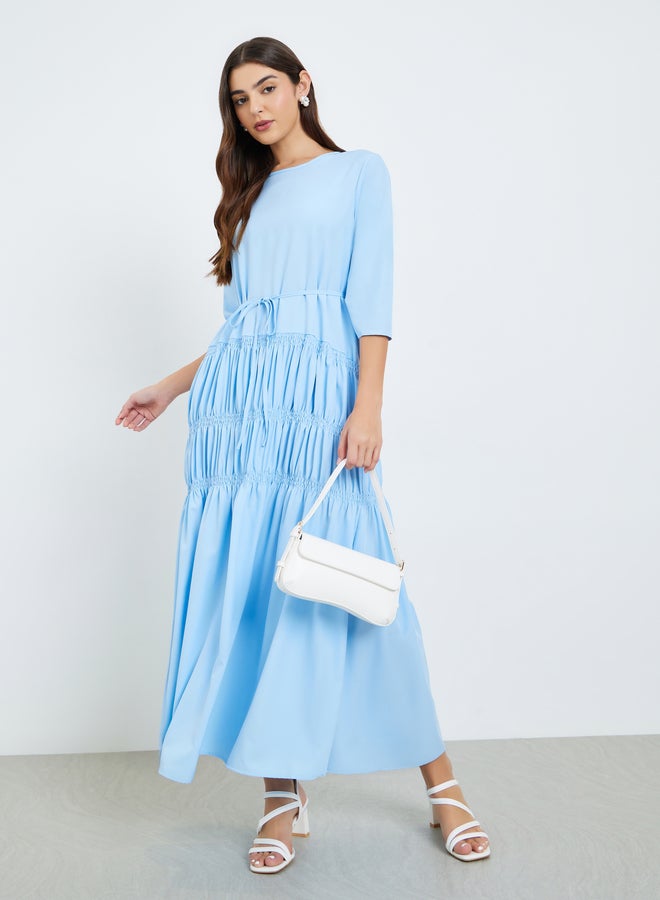 Styli Women Blue Gathered Detail Waist Tie Maxi Dress - Image 5